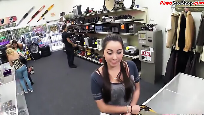 American babe gives a sensual blowjob at a pawnshop counter