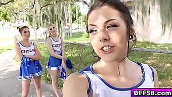 Steamy group sex between cheerleaders and their aroused coach featuring big cocks and blowjobs